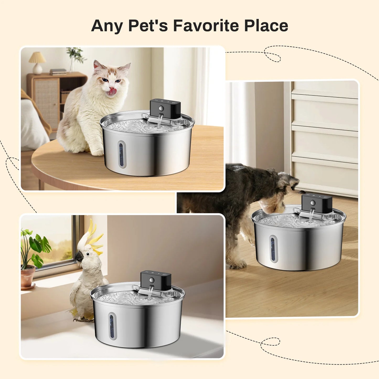 3.2L Stainless Steel Wireless Pet Water Fountain Battery Powered Motion Sensor Silent Filtered Cat and Dog Water Fountain