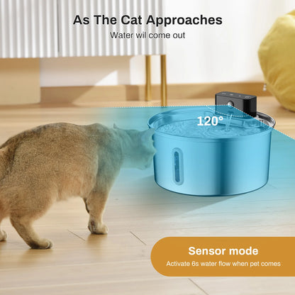3.2L Stainless Steel Wireless Pet Water Fountain Battery Powered Motion Sensor Silent Filtered Cat and Dog Water Fountain